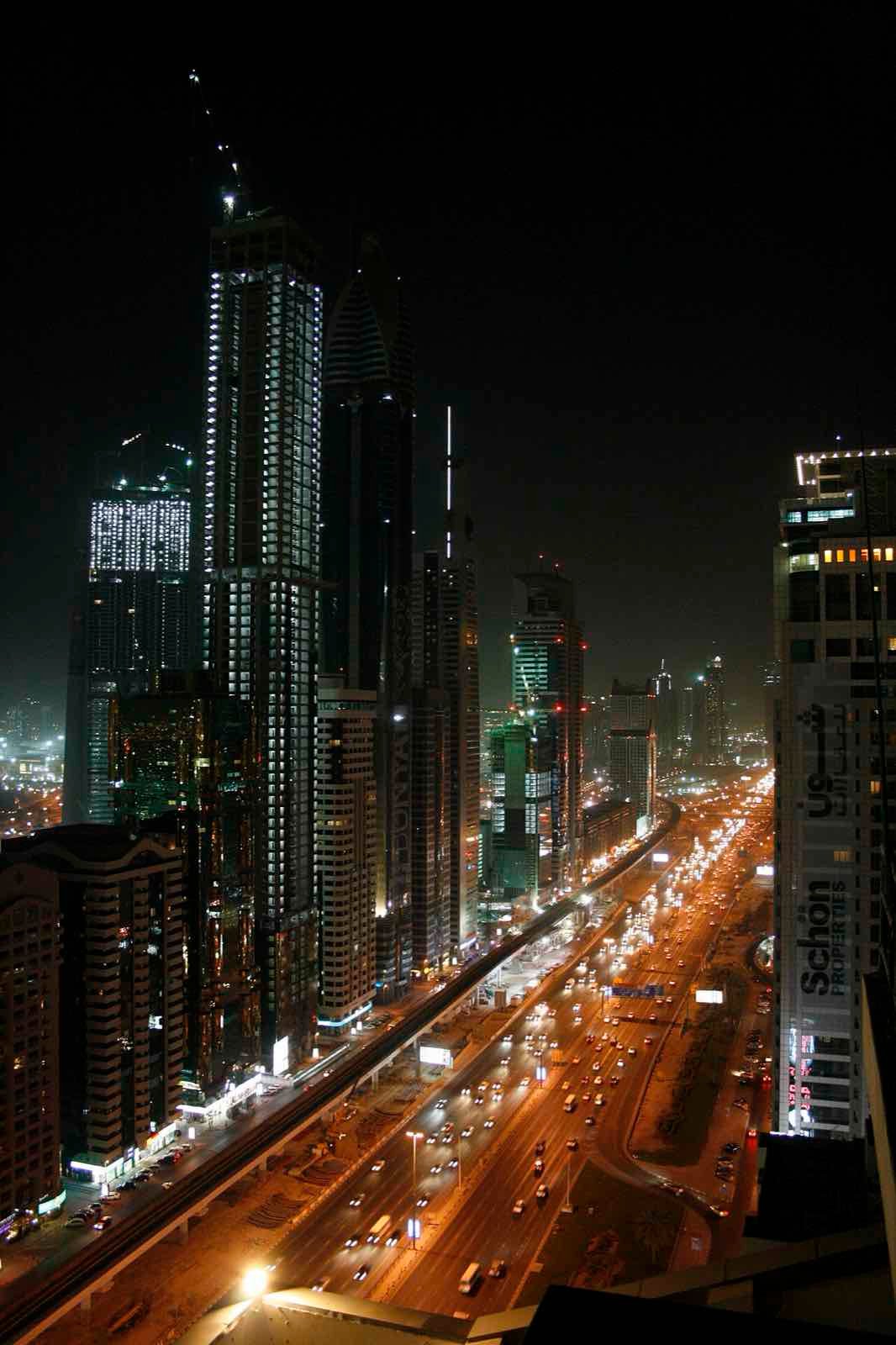 Sheikh Zayed Road towers at night (location photo)